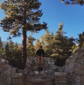 A person in dark clothes sits on the stone remains of a wall, surrounded by trees and under a clear blue sky, with a tall pine tree nearby.