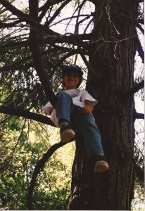 A young child wearing a helmet, jeans, and a white shirt sits on a tree branch, smiling among the leaves and branches on a sunny day.