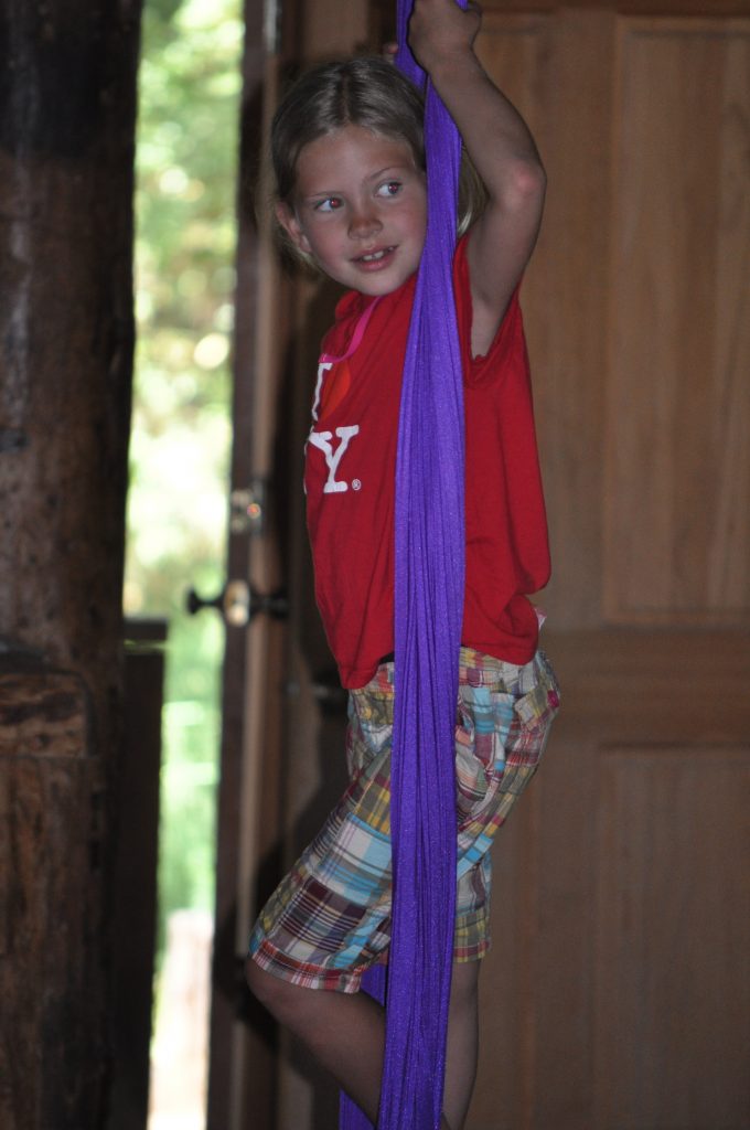 A young child wearing a red shirt and plaid shorts smiles while climbing or swinging on a long purple fabric indoors—perfect for family camp activities—with a wooden door and natural light in the background.