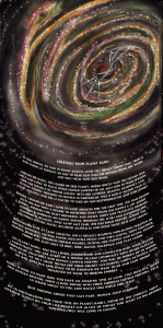 A colorful spiral galaxy with bright stars features text greeting visitors from Planet Karrl, offering whimsical advice, humorous tips, and a playful description about life, language, and etiquette on the fictional planet.