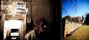 Two side-by-side images: on the left, a person in a beanie stands by an ATM with a Rent or Get Used sticker above it; on the right, a person jumps off a stone wall in a sunny, grassy area near buildings.