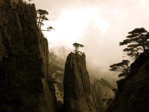 A dramatic mountain landscape with steep rock formations and a few pine trees atop the cliffs, shrouded in mist and illuminated by soft, diffused light.