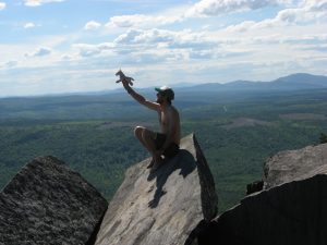 A shirtless person wearing a cap sits on a large rock atop a mountain, holding a small stuffed animal up toward the sky with a vast forest and mountains in the background under a partly cloudy sky.