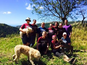 A group of ten people wearing Missouri State University shirts pose outdoors on a grassy hillside with four dogs under a tree, with a scenic view of hills and blue sky in the background.