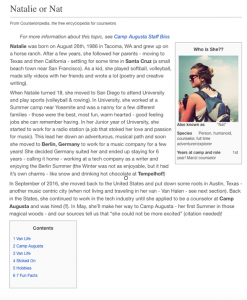 Screenshot of a wiki page about Natalie or Nat, detailing her biography, interests, and travels. Includes an infobox with a silhouette labeled “Who is She??” and a contents menu on the left. Text discusses her life story.