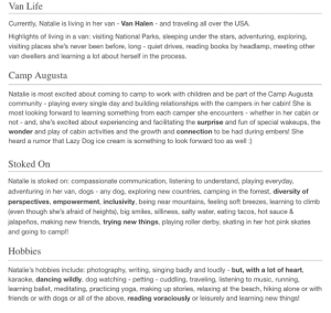 Screenshot of a text document with sections about Natalie’s van life, camp experiences, hobbies, and personal interests, highlighting her love for travel, learning, adventure, community building, and self-discovery.