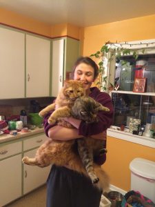 A person smiling and standing in a kitchen while holding two large, fluffy cats—one orange and one gray tabby—in their arms. The kitchen background includes green cabinets, plants, and various items on the counter.