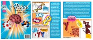 A colorful comic-style magazine spread features a brain, peptides, and cartoon graphics with bold text, diagrams, and a dog illustration, explaining the fight between brain amyloid peptide and evil legion B-brain.