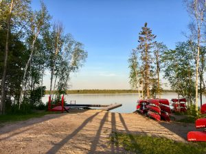 A lakeside scene at sunset with red canoes stacked on both sides of a dirt path leading to a dock and calm water, surrounded by trees with green leaves. Long shadows stretch across the ground.