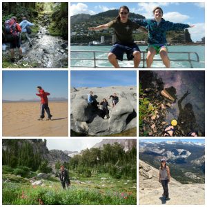 Collage of people hiking, exploring nature, posing on rocks, near water, in mountains, deserts, and lush meadows, capturing various outdoor adventures in different scenic landscapes.