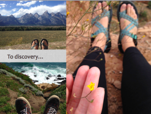A collage of three photos: feet in sandals facing mountains, feet in sneakers near a cliff above the ocean, a hand holding a yellow flower with feet in blue sandals nearby. Text reads To discovery...