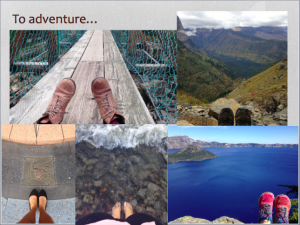 A collage of six photos shows different feet in various adventurous locations, including mountains, a bridge, sandy and rocky shores, and a blue lake, with the words To adventure... at the top.