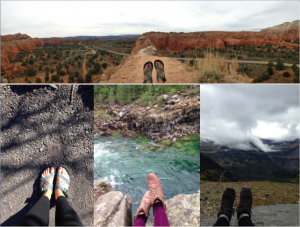 A collage of four photos shows a person’s feet in sandals, boots, and shoes, each in a different outdoor location: red rock canyon, numbered pavement, riverside, and mountain landscape under cloudy skies.