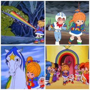 A collage of four scenes from the animated show Rainbow Brite, featuring Rainbow Brite using a rainbow power, running with a friend, riding a white horse with a star, and greeting friends in a colorful hallway.