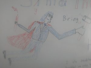 A hand-drawn figure with a blue suit and red cape holds a red stick in one hand and a gray hammer in the other. The word Bring is written beside the figure. The figure has an intense expression.
