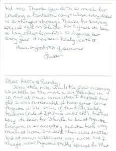 A handwritten thank you note. The writer expresses gratitude for a great experience at a summer camp called Augusta, mentions it has been 11 years, and wishes the recipients a good summer. A second note shares similar appreciation.