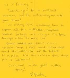 A handwritten thank you note on yellow paper expresses gratitude for a brilliant summer, excitement about camp, and looks forward to seeing “y’all” in the spring. Signed with a heart and the name Greta.