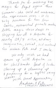 A handwritten note thanking Augusta and Pete for creating a magical summer for Paget, describing Paget as imaginative, social, and active, and wishing them luck for the upcoming season. Signed by Andrea and Pete (Paget’s parents).