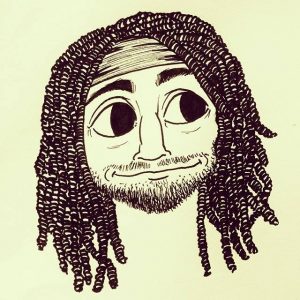 Black and white drawing of a person with long, curly hair, a beard, mustache, wide eyes, and a slight smile, wearing a headband.