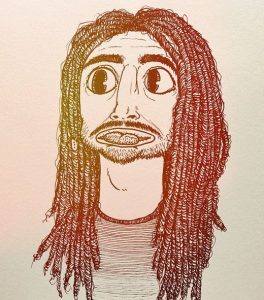 A hand-drawn cartoon portrait of a person with long, textured hair, wide eyes, thick eyebrows, and a short beard, wearing a simple shirt. The drawing uses dark lines on a light background.