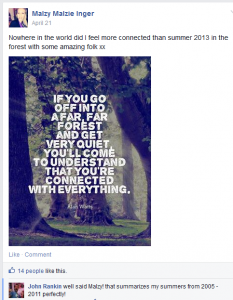 A Facebook post by Malzy Malzie Inger features a forest photo with a quote in bold white text: If you go off into a far, far forest and get very quiet, youll come to understand that youre connected with everything. — Alan Watts.