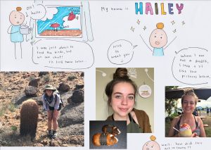 A scrapbook-style collage featuring doodles and text introducing “Hailey,” photos of a young woman hiking, smiling, and eating dessert, plus a close-up of insects and a cactus in the desert.