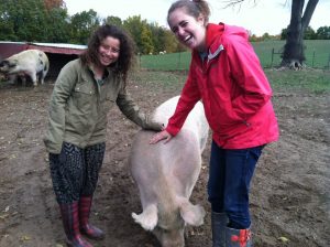 Two smiling women stand outdoors petting a large pig. One wears a green jacket and patterned boots; the other wears a red jacket and jeans. Trees and another pig are visible in the background on a muddy farm.