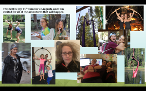 A collage showing various camp activities: children and adults posing playfully, performing aerial acrobatics, wearing costumes, making silly faces, hugging, and canoeing on a lake. Text at the top celebrates a 14th summer at Augusta.