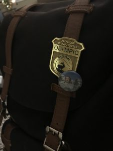 Backpack with Olympic Junior Ranger pin and Hamilton pin
