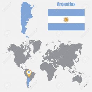 Map showing Argentina highlighted in South America, a close-up outline of Argentina, the Argentine flag with a sun emblem, and a world map with Argentina marked by a location pin labeled AR.