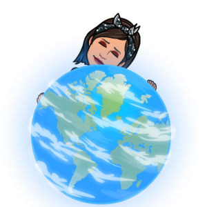 A cartoon woman with a bandana hugs a large, smiling Earth, her eyes closed peacefully. The globe shows continents and light clouds swirling around it.
