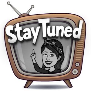 A cartoon woman inside a vintage television points upward, smiling, with the words Stay Tuned in bold letters above her head. The image is in grayscale with a retro style.