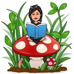 Cartoon woman with black hair and a headband sits cross-legged on a large red-and-white mushroom, reading a blue book. She is surrounded by tall green plants, smaller mushrooms, and a pink worm.
