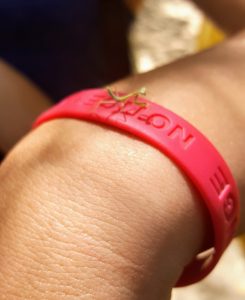 A tiny green praying mantis sits on a persons wrist, which is wearing a bright pink rubber bracelet. The background is blurred and sunlit.