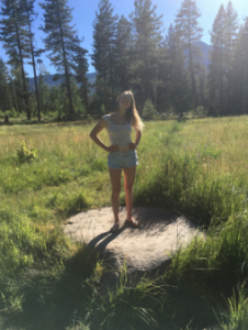 A person stands barefoot on a large flat rock in a sunny grassy meadow, surrounded by tall trees and mountains in the background.