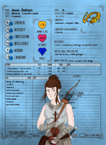 A Dungeons & Dragons character sheet for Maeve Andrews, a human bard. It lists stats, abilities, equipment, and has a drawing of Maeve with brown hair, wearing armor, holding a violin and bow. A small yellow dragon is in the top right.