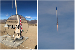 Side-by-side photos: left, a red-and-white striped model rocket on a launch pad in a desert with the word RUN magnified; right, a rocket ascending into the sky with a trail of flame.