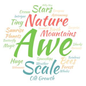 A colorful word cloud with large words Awe, Nature, Scale, Stars, and Mountains surrounded by smaller words like Bees, Volcanoes, Magic, Planets, Forest, Sunrise, and Weather.