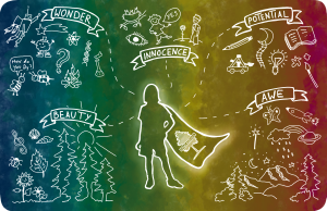 A child stands heroically with a cape, surrounded by sketched scenes labeled Wonder, Potential, Awe, Innocence, and Beauty, featuring nature, animals, books, stars, and playful doodles on a colorful gradient background.