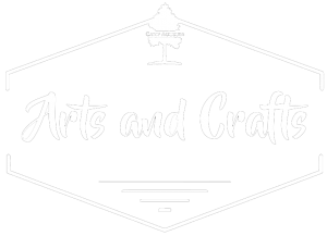 A hexagonal logo features a tree at the top with the words Arts and Crafts in large, elegant script centered in the middle. Thin lines decorate the top and bottom edges.