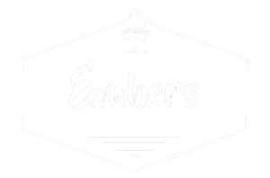 White logo with the word Embers in cursive at the center, a tree symbol and the text Oak Creative above it, all enclosed in a thin, hexagonal outline. Minimalist, modern design.
