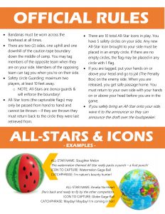 An infographic displays official rules and examples for an All-Stars & Icons team activity, including guidelines on bandanas, flag circles, and sample player titles like Slaughter Melon and H.A.R.T. in colorful sections.