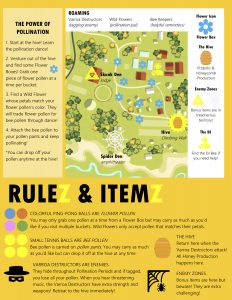 A colorful illustrated game instruction sheet features a map of a bee-themed activity. It includes directions, icons for flowers, bees, and enemies, and text boxes explaining rules and items for players.