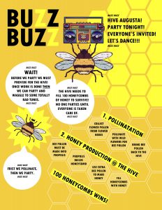 A bright, bee-themed party invitation with bold “BUZZ BUZZ” text, a cartoon boombox, honeycomb patterns, and cartoon bees. Instructions explain how to “make honey” by collecting pollen before the party.