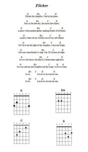 Song lyrics and guitar chords for Flicker are shown, with chord diagrams for G, Em, C, and D at the bottom. The chords are placed above the lyrics to indicate when to play them.