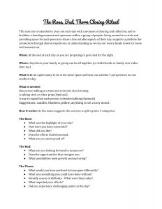 A worksheet titled The Rose, Bud, Thorn Closing Ritual details an exercise for daily self-reflection. It lists steps, required materials, discussion prompts for rose, bud, and thorn, and guidelines for group sharing.