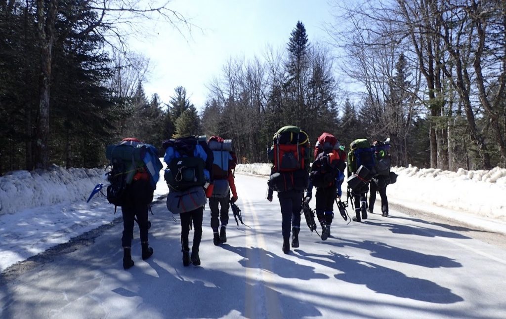 A group of hikers with large backpacks walk down a snowy, tree-lined road in winter, heading away from the camera under a clear blue sky.