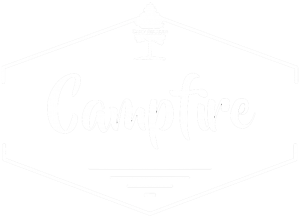 White hexagonal logo with a tree icon at the top and the word Campfire in large, cursive letters in the center. Thin lines and small marks appear below the text, suggesting a stylized design.