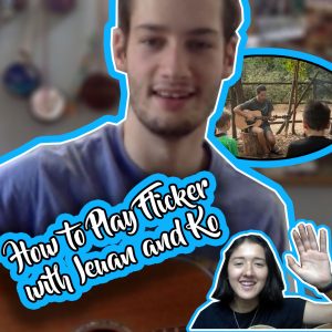A young man plays guitar, with a close-up of his face and an inset showing him playing outdoors for children. Below, a smiling woman waves. Text reads: How to Play Flicker with Lenan and Ko.