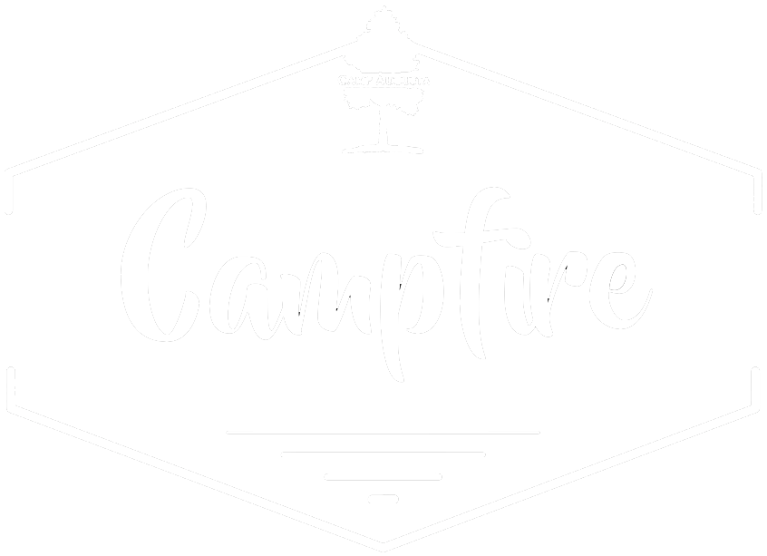 White hexagonal logo with a tree icon at the top and the word Campfire in large, cursive letters in the center. Thin lines and small marks appear below the text, suggesting a stylized design.